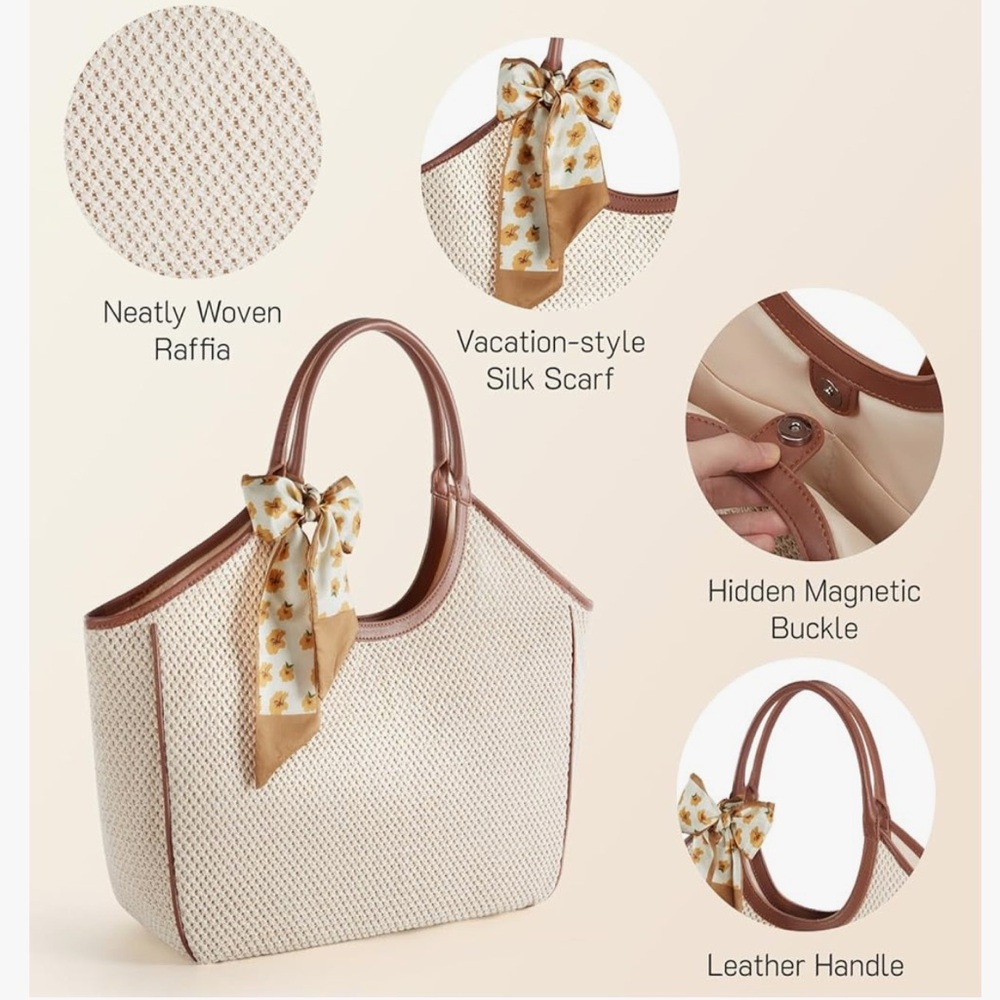 *New* (1 Left) Large Beach Straw Tote Raffia Woven Shoulder Bag - Brown/Beige - Picture 6 of 8